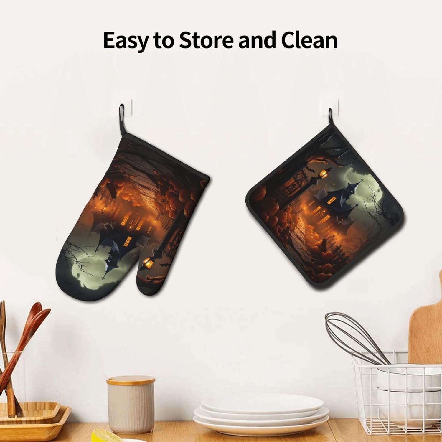 Scary Halloween Oven Mitts Pot Holders Set - Heat-Resistant Cooking Gloves Baking Pots