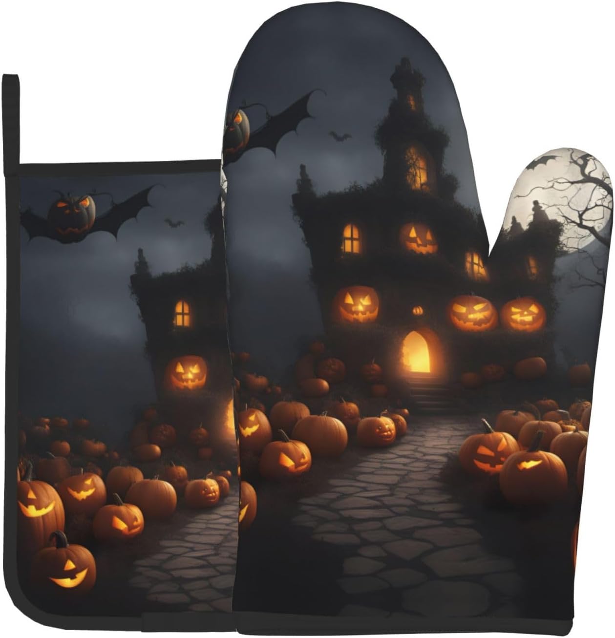 Halloween Pumpkin Print Heat-Resistant Oven Mitts Set Safe for Cooking BBQ
