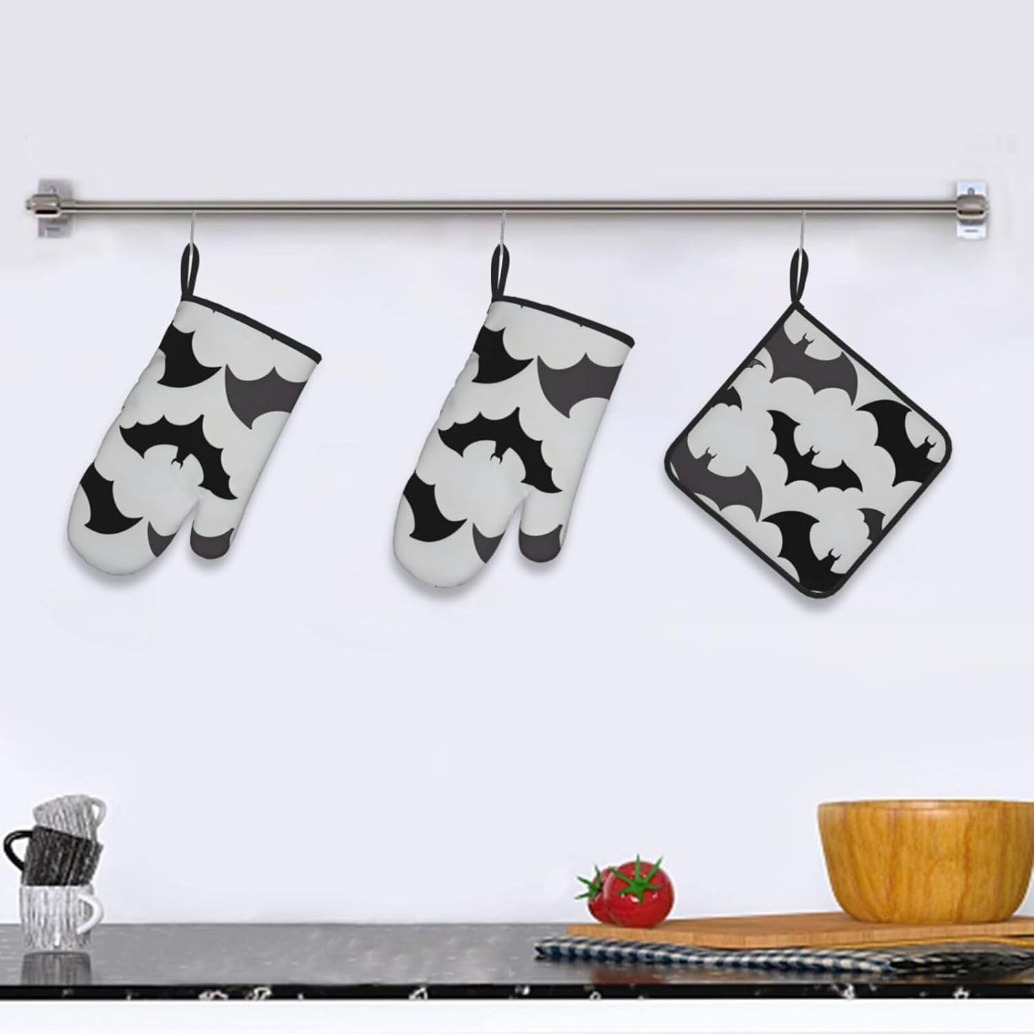 3-Piece Oven Mitts Set for Halloween Bats Grey Pattern