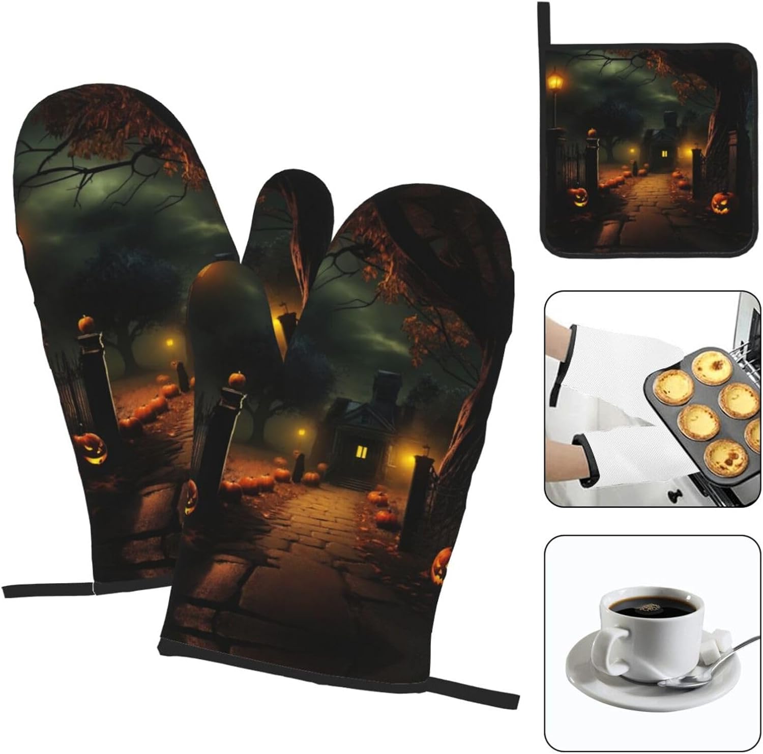 Adjustable Halloween Oven Mitts Pot Holders 3-Piece Heat-Resistant Set