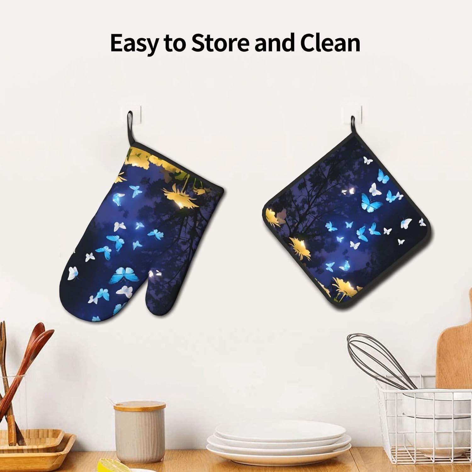 Quopvn Butterfly-Printed Oven Mitts and Pot Holders 2-Piece Set