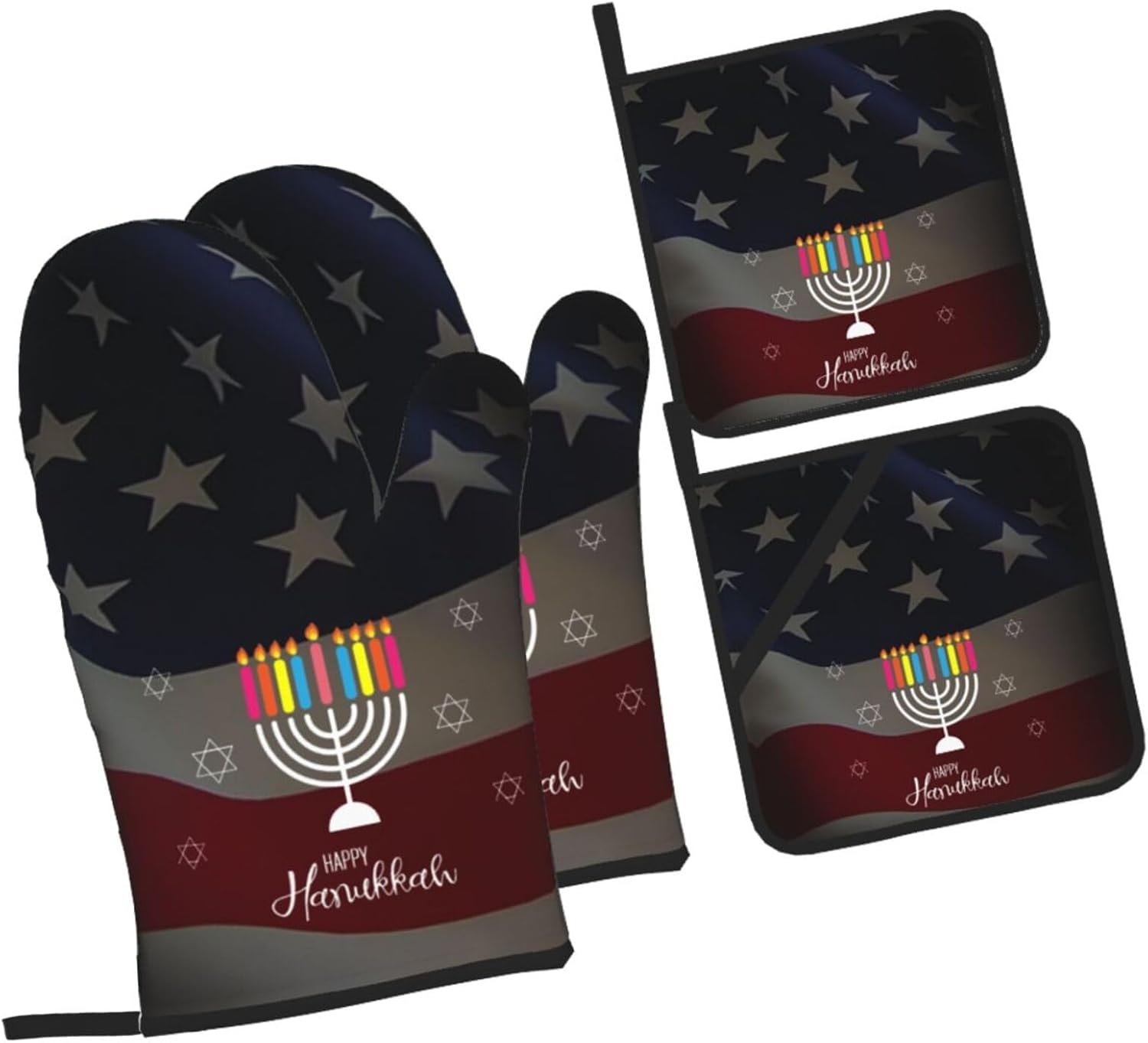 Happy Hanukkah 2023 4 Piece Oven Mitts and Pot Holders Set