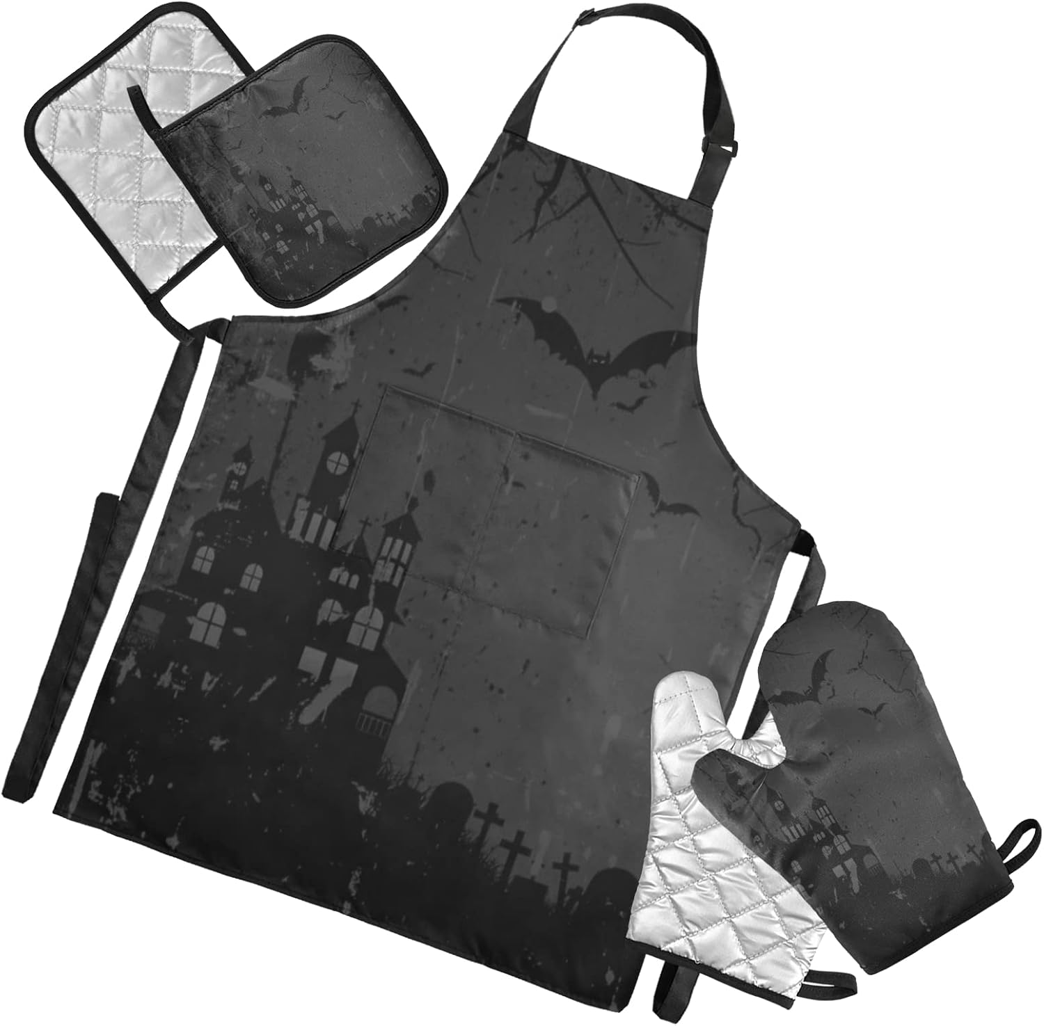 Creative Halloween Bats Castle Retro Cooking Apron Set 5 Pcs