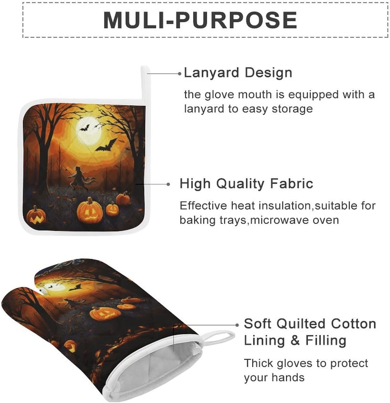 3-Piece Halloween Party Oven Mitts Pot Holders Set