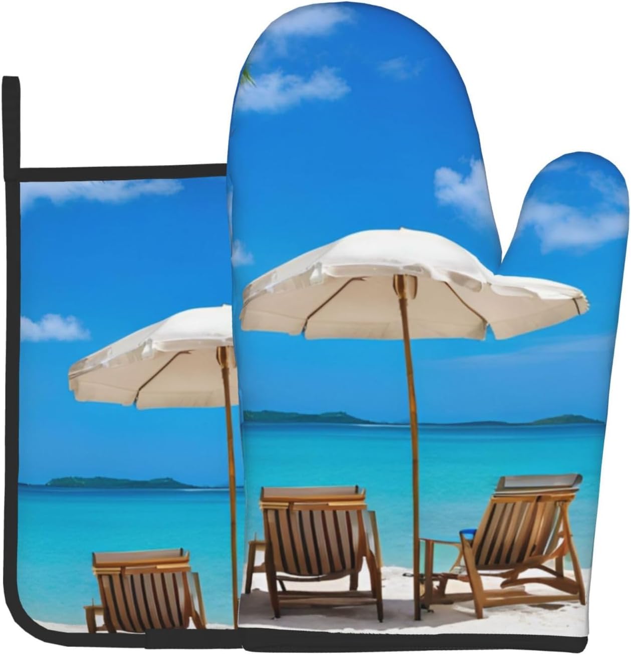 White Beach tropical ocean printed oven mitts and pot holders 2pc set