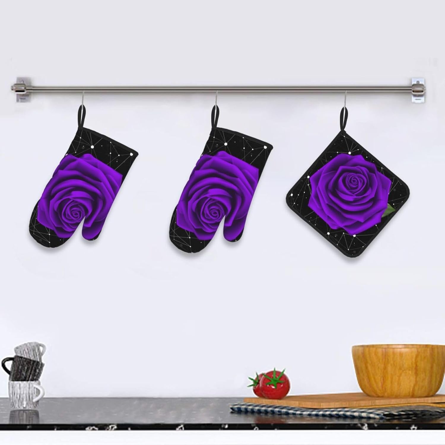 Oven Mitts Pot Holder Set of 3 Purple Rose Design
