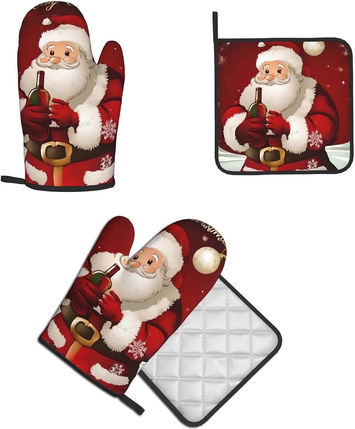 Merry Christmas Santa Claus Printed Oven Mitts and Pot Holders 2pcs Set