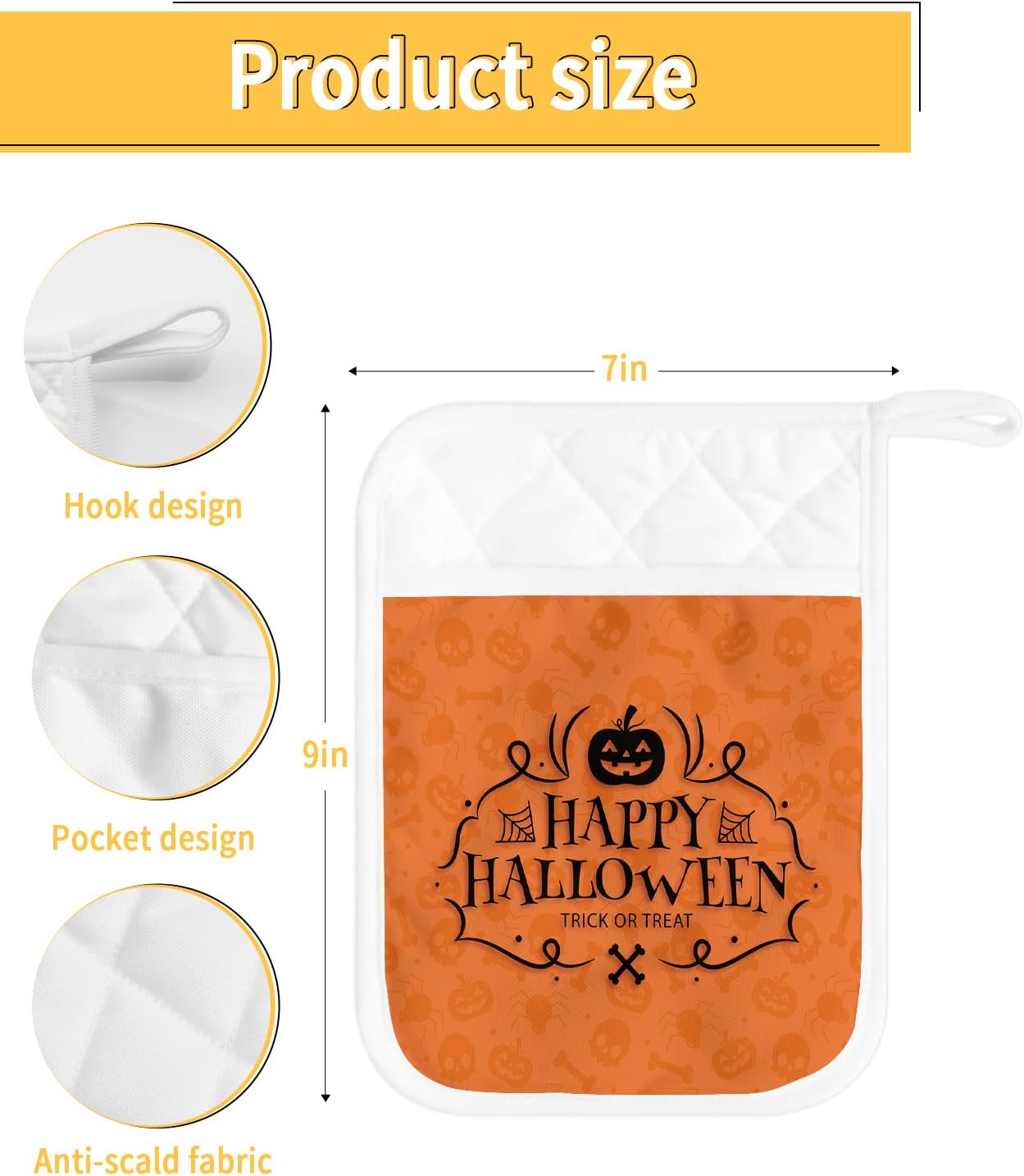 Halloween Pumpkin Orange 5PCS Pot Holders with Pockets and Loops