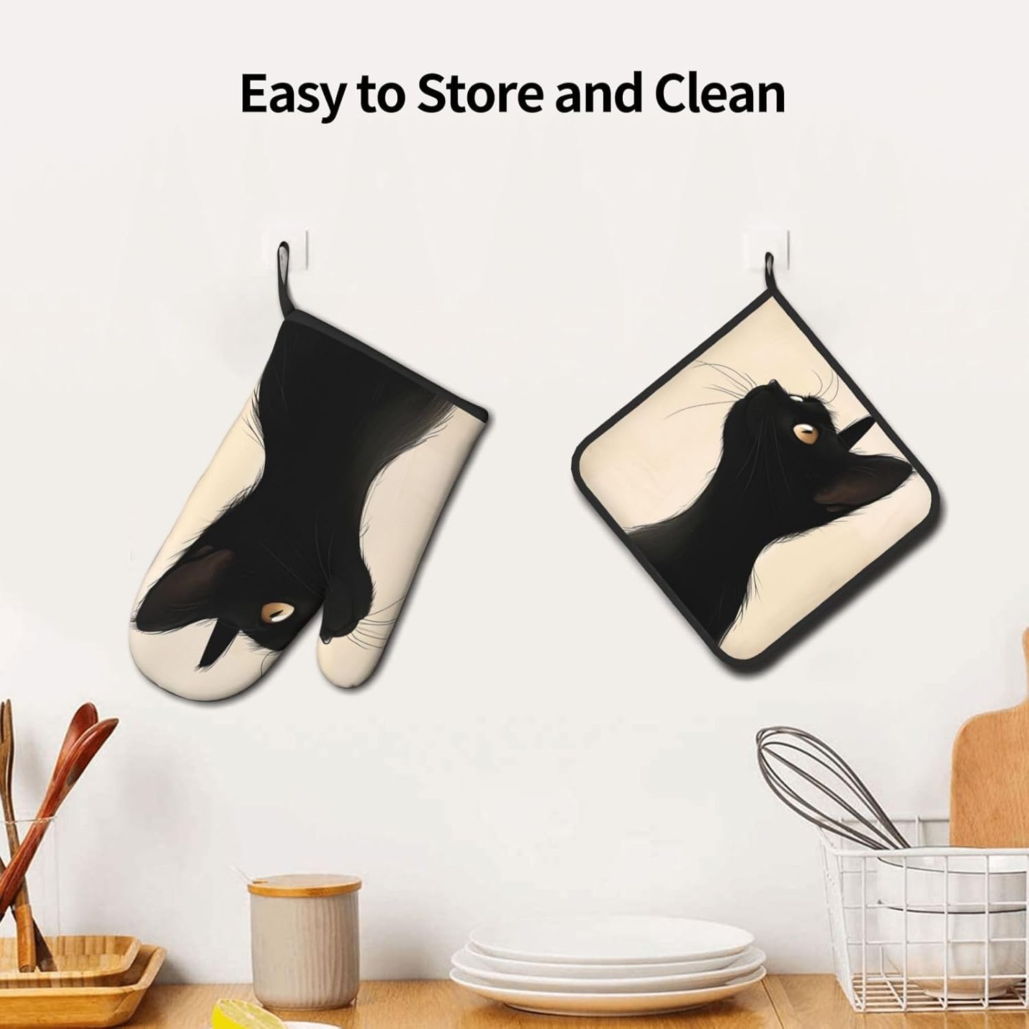 Halloween Black Cat Oven Mitts and Pot Holders Set