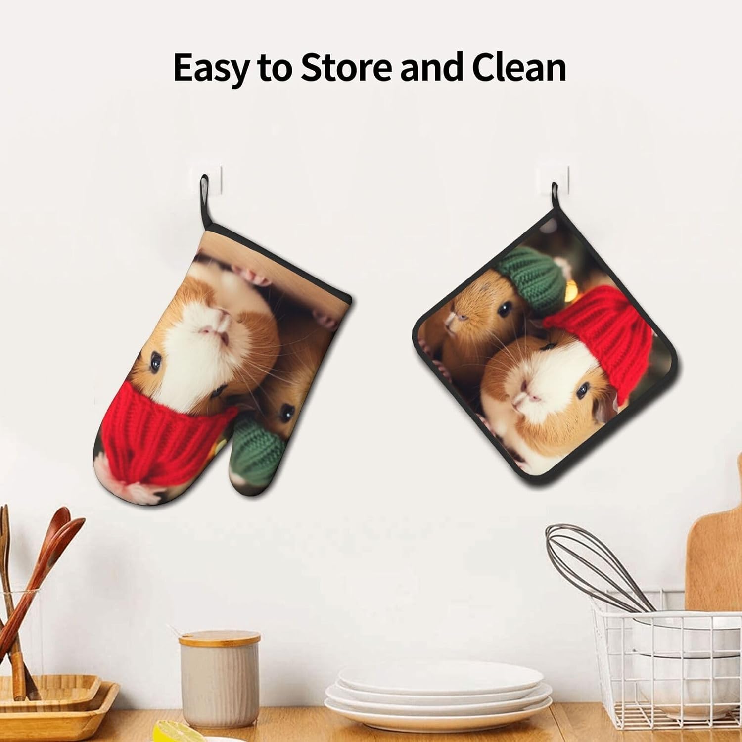 Quopvn Cute Guinea Pigs with Hats Oven Mitts 2-pc Set