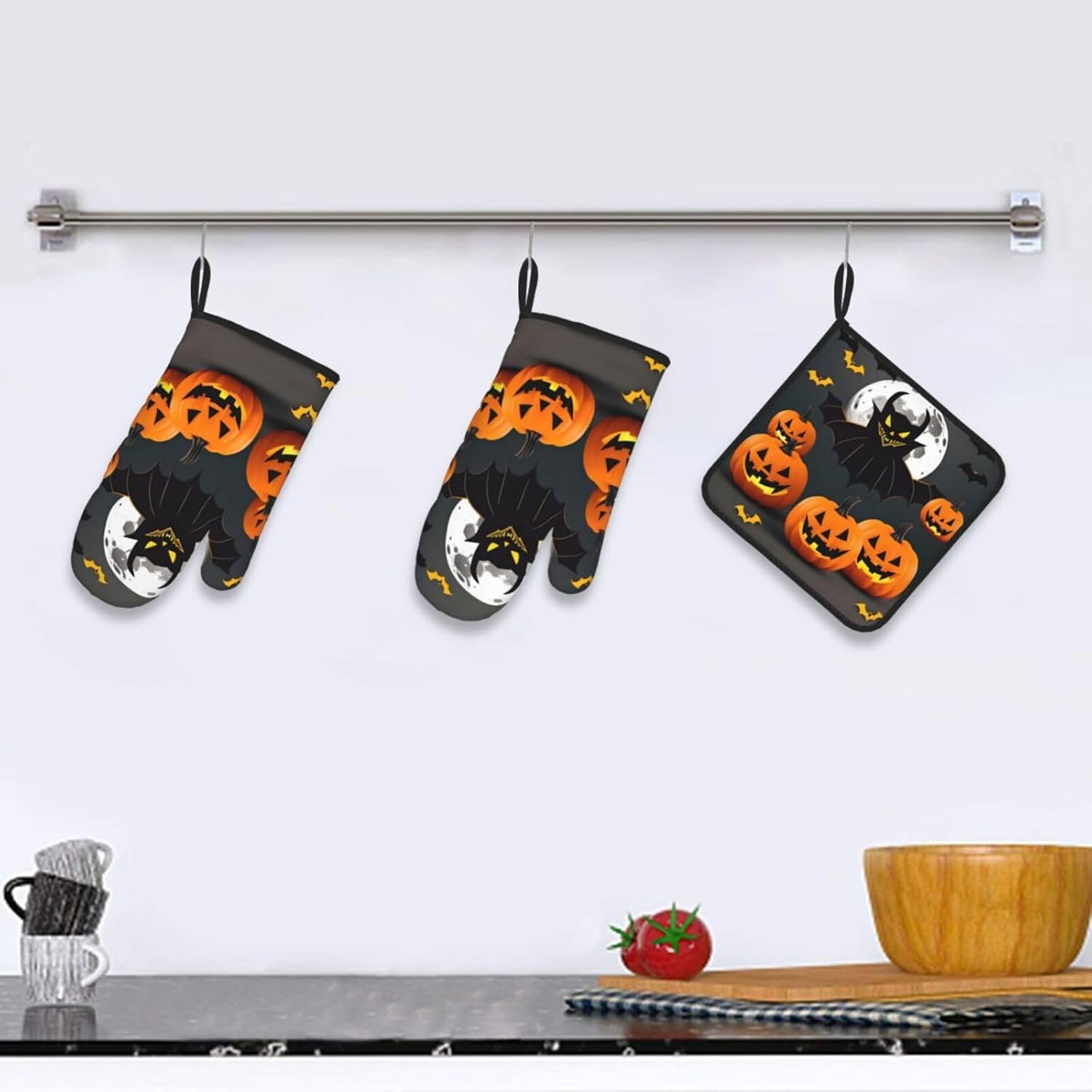 Halloween Moon Bat Pumpkin Oven Mitts Set