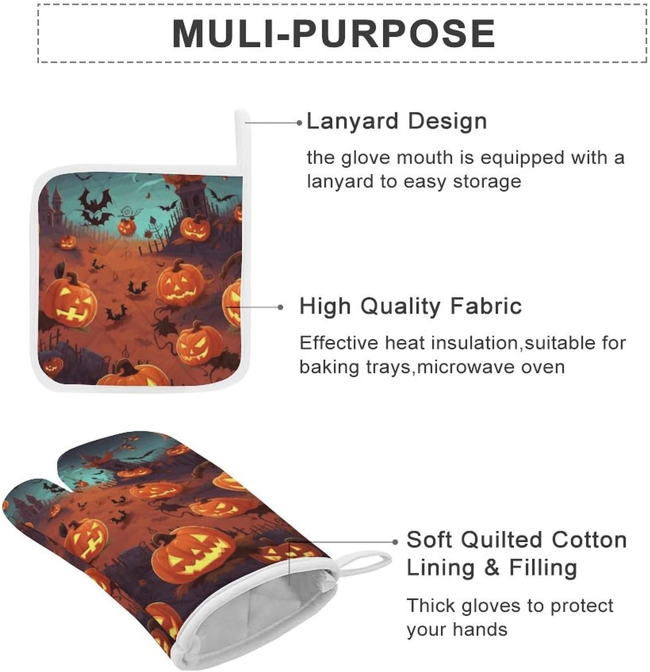 Halloween Cookware Gloves Heat-Resistant Oven Mitts Set of 3