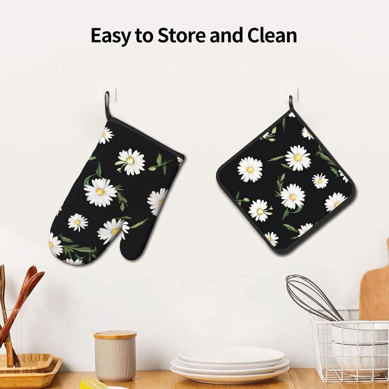 Durable Daisy Printed Oven Mitts Pot Holders Set Heat-Resistant Kitchen Gloves