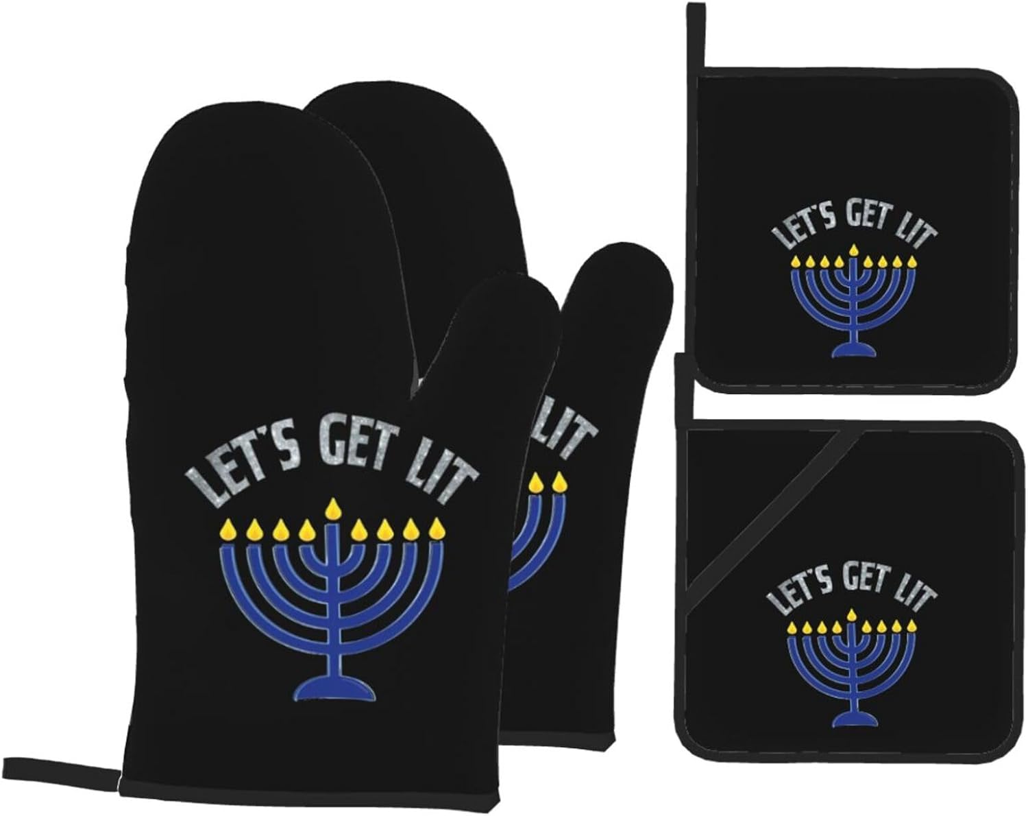 Happy Hanukkah Oven Mitts and Pot Holders 4-Piece Set