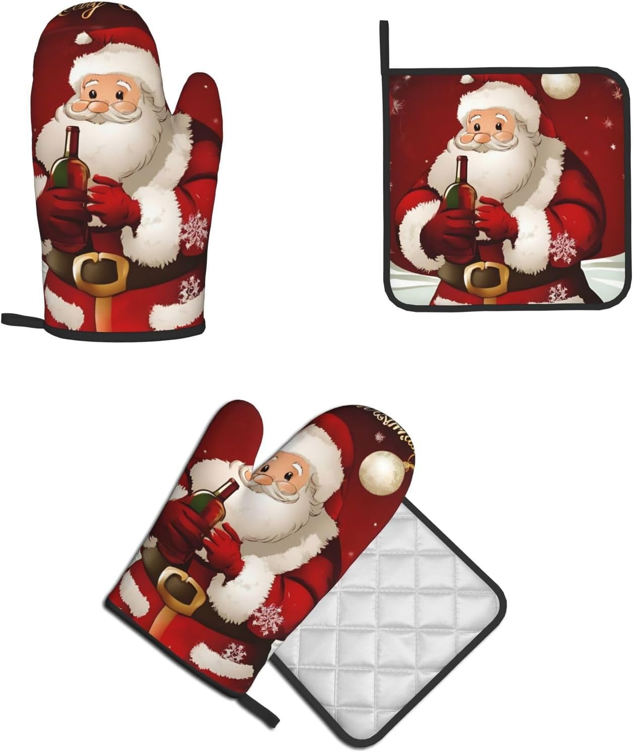 Merry Christmas Santa Claus Printed Oven Mitts and Pot Holders 2pcs Set