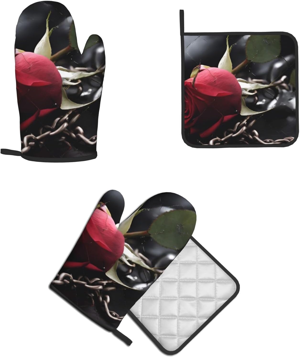 Cozy Black Rose Oven Mitts Set for Cooking