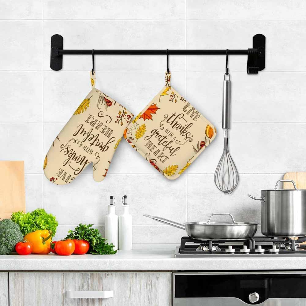 Mxocom Thanksgiving Oven Mitts Pot Holders Set Maple Oak Leaves