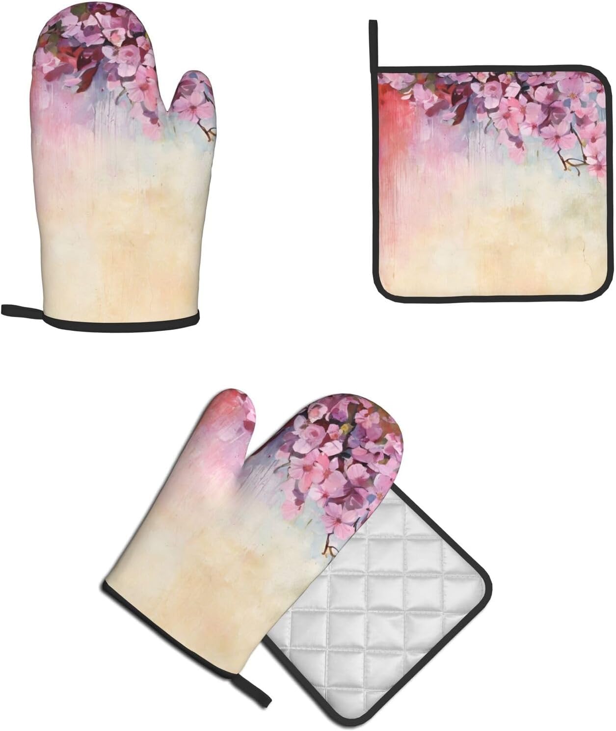 Elegant Oven Mitts Set Cherry-Printed Non-Slip Pots Pans