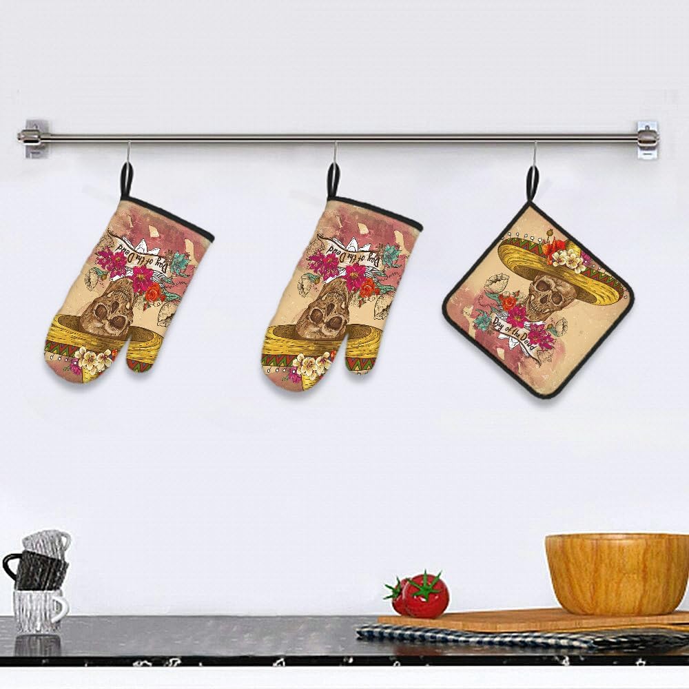 SSOIU Day of the Dead Halloween Oven Mitts Pot Holders Set