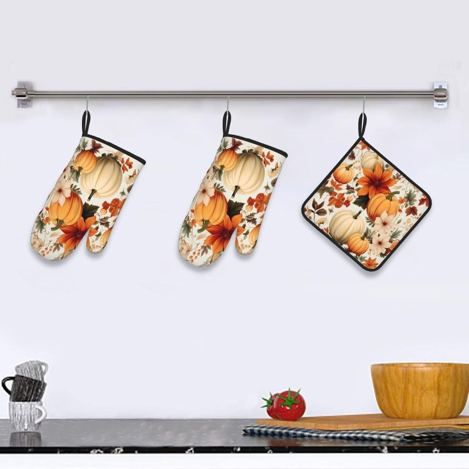 Fall Pumpkins Leaves Oven Mitts and Pot Holders Set of 3