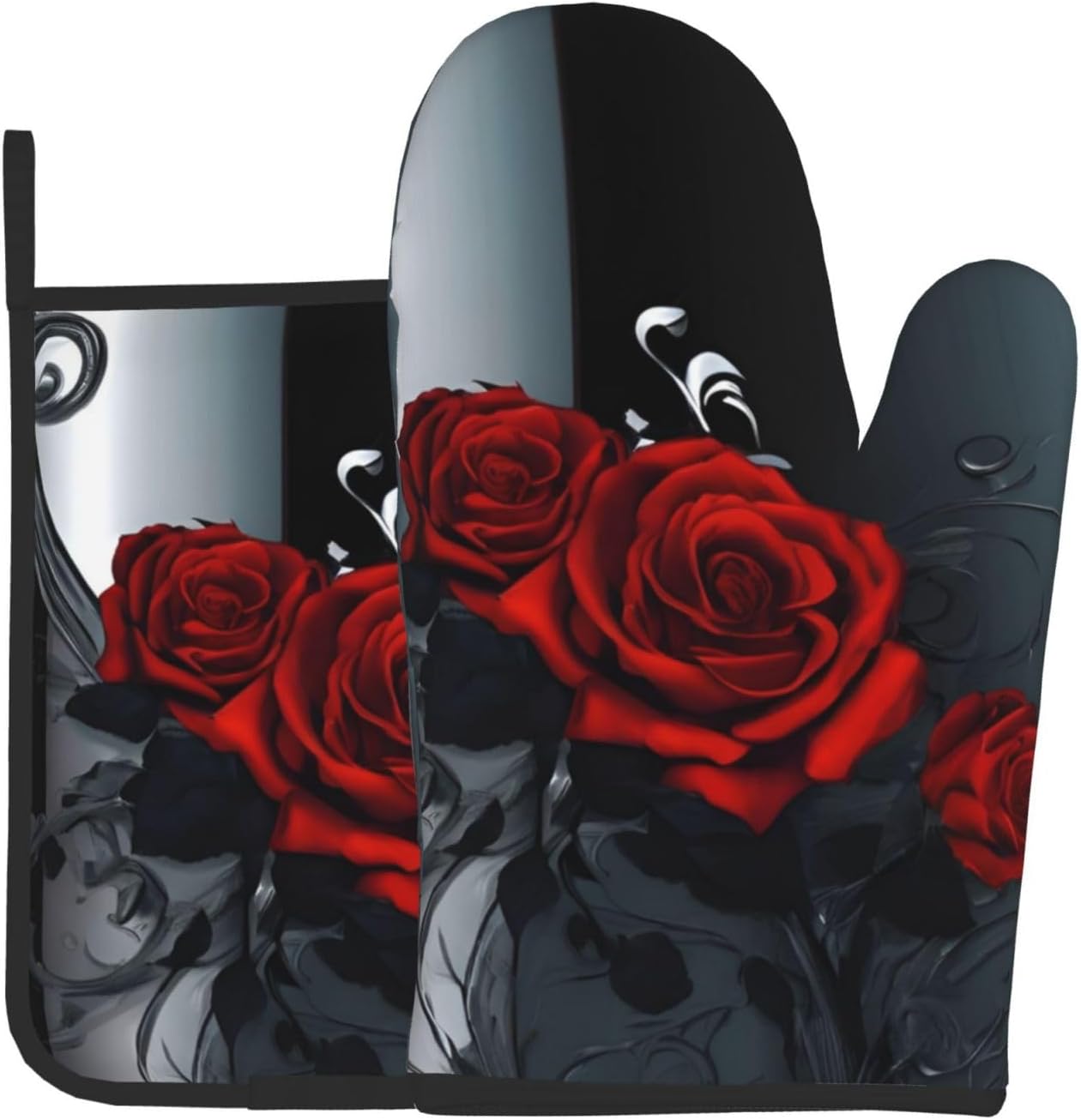 Pretty Roses Heat-Resistant Oven Mitt and Pot Holder Set