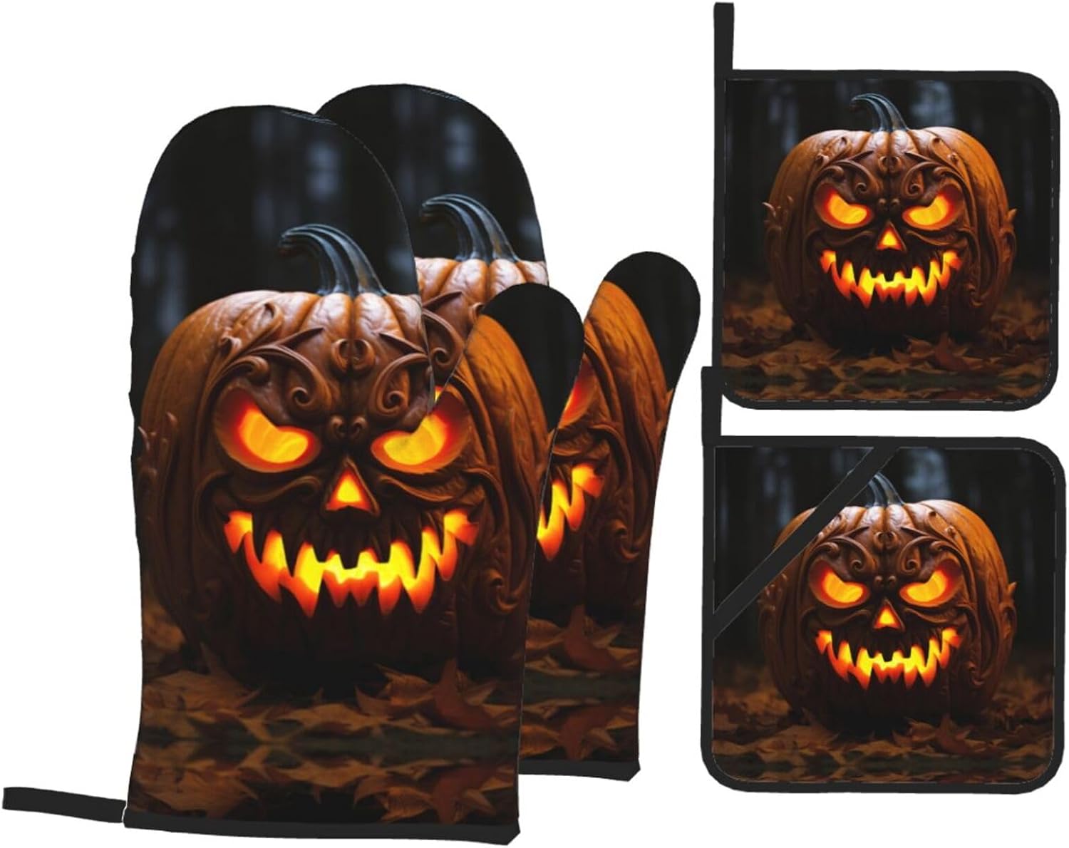 Halloween Spooktacular Pumpkin Print Oven Mitts Pot Holders Set