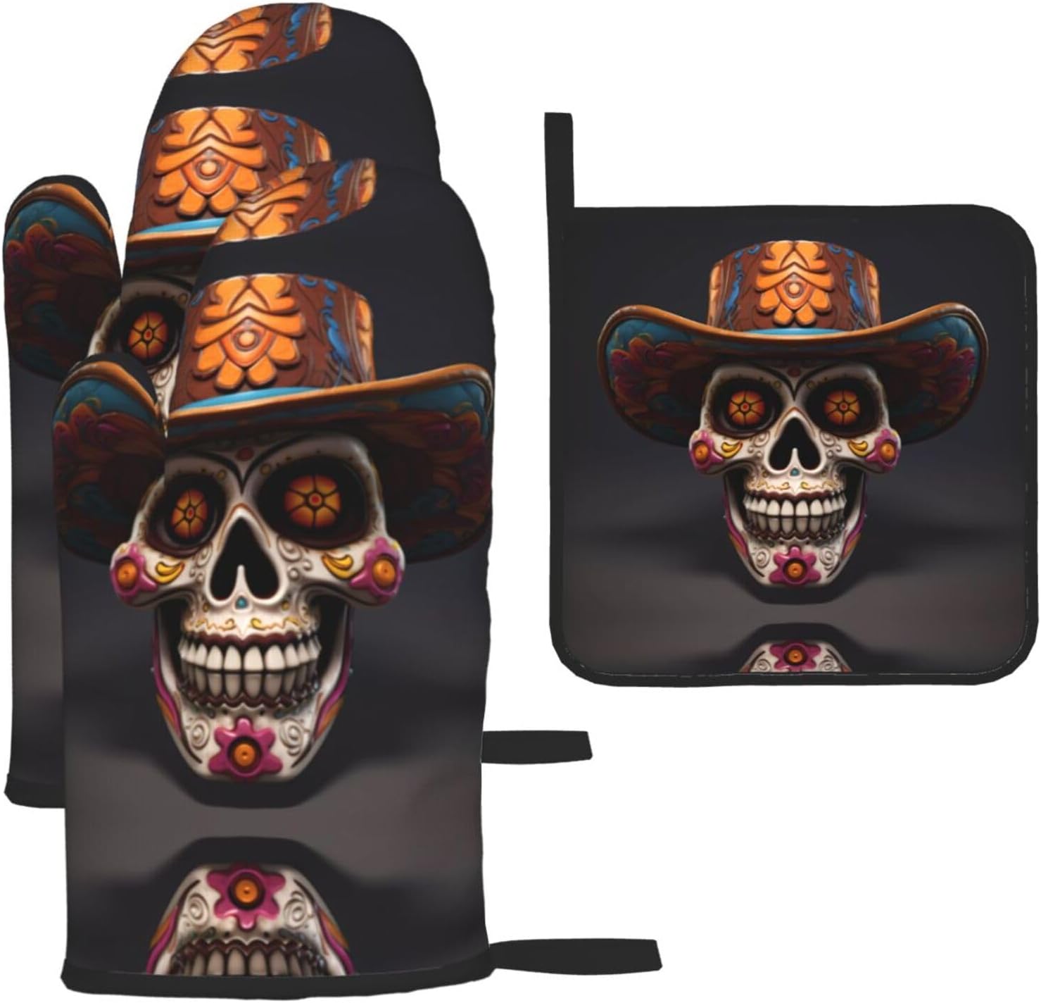 Halloween Skull Oven Mitt Set 3