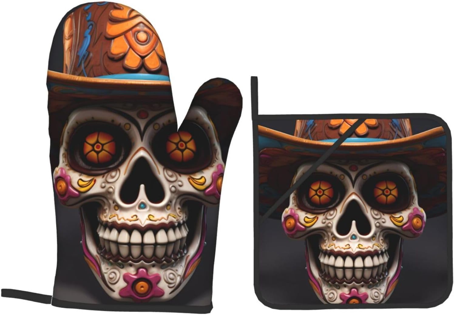 4-Piece Waterproof Oven Mitt Set Heat-Resistant Mexican Halloween Skull Prints