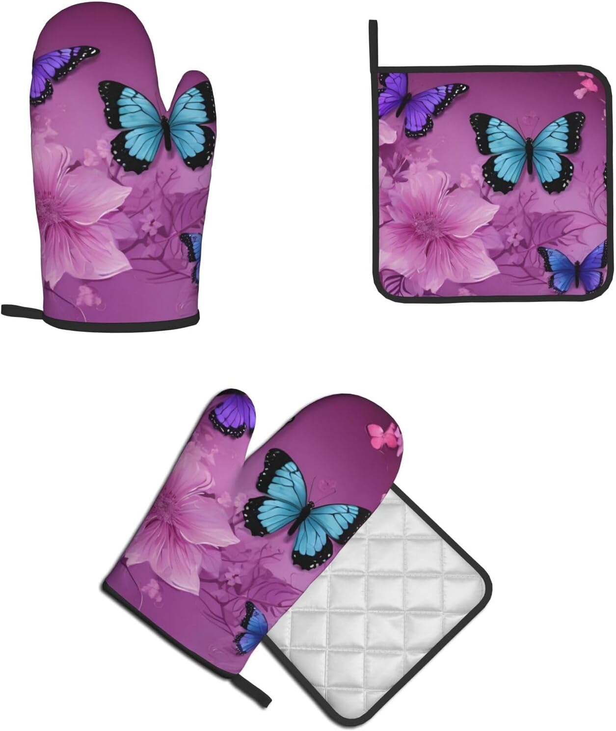 Quopvn Purple Butterflies Oven Mitts Pot Holders Non-Slip Kitchen Glove Set