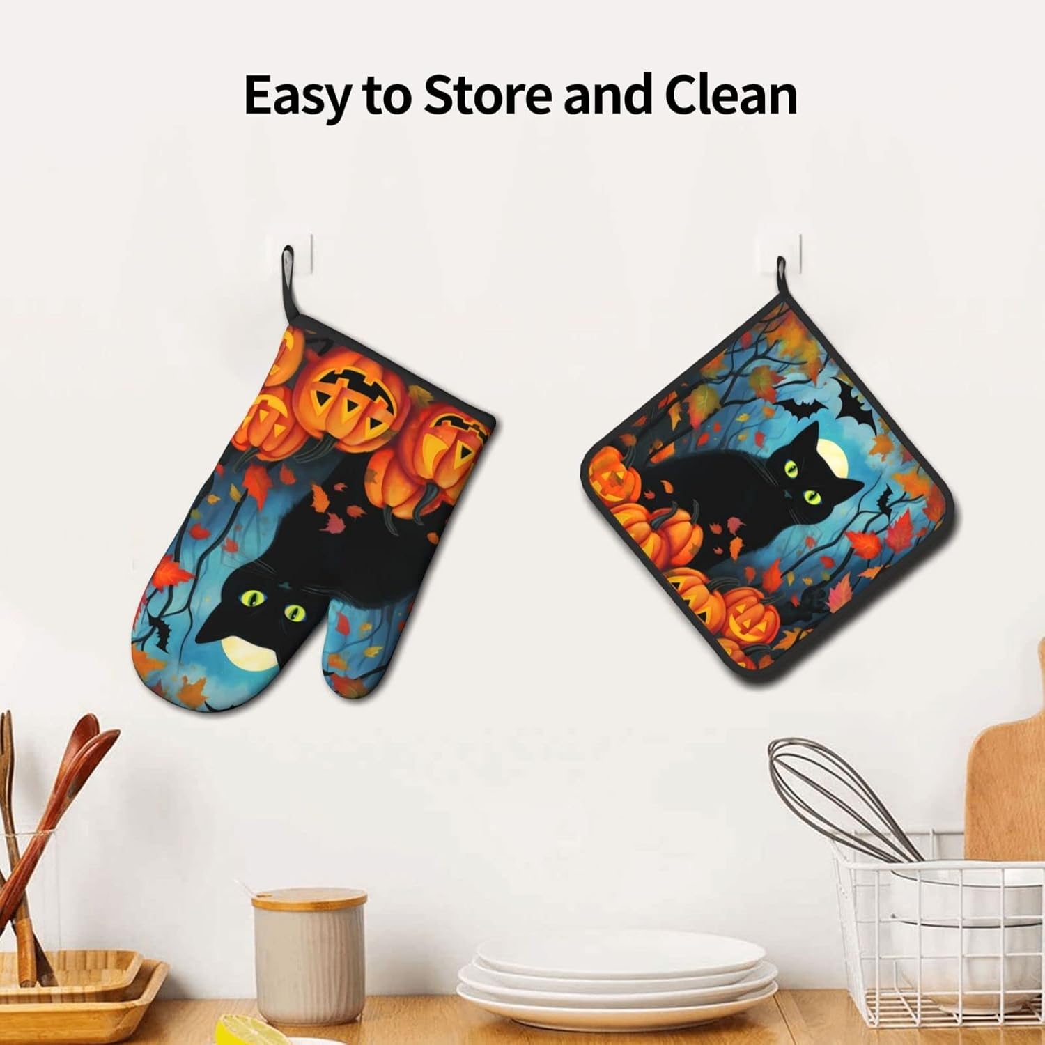 Dewoofly Black Cat Halloween Oven Mitts and Pot Holders Set