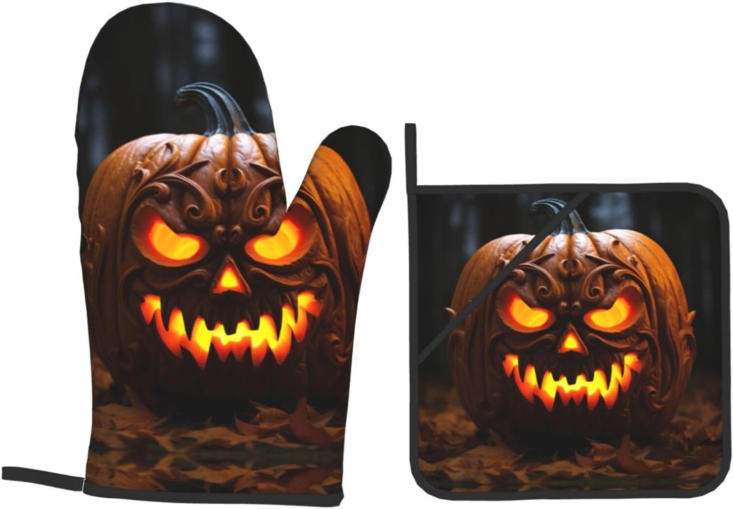 Halloween Spooktacular Pumpkin Print Oven Mitts Pot Holders Set