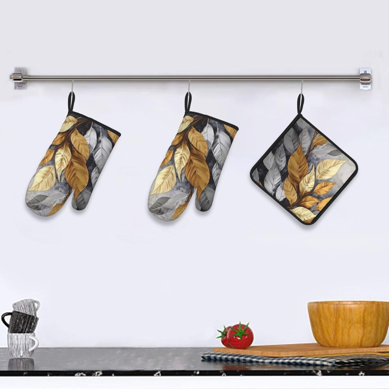 Tropical Gold and Silver Oven Mitts Set