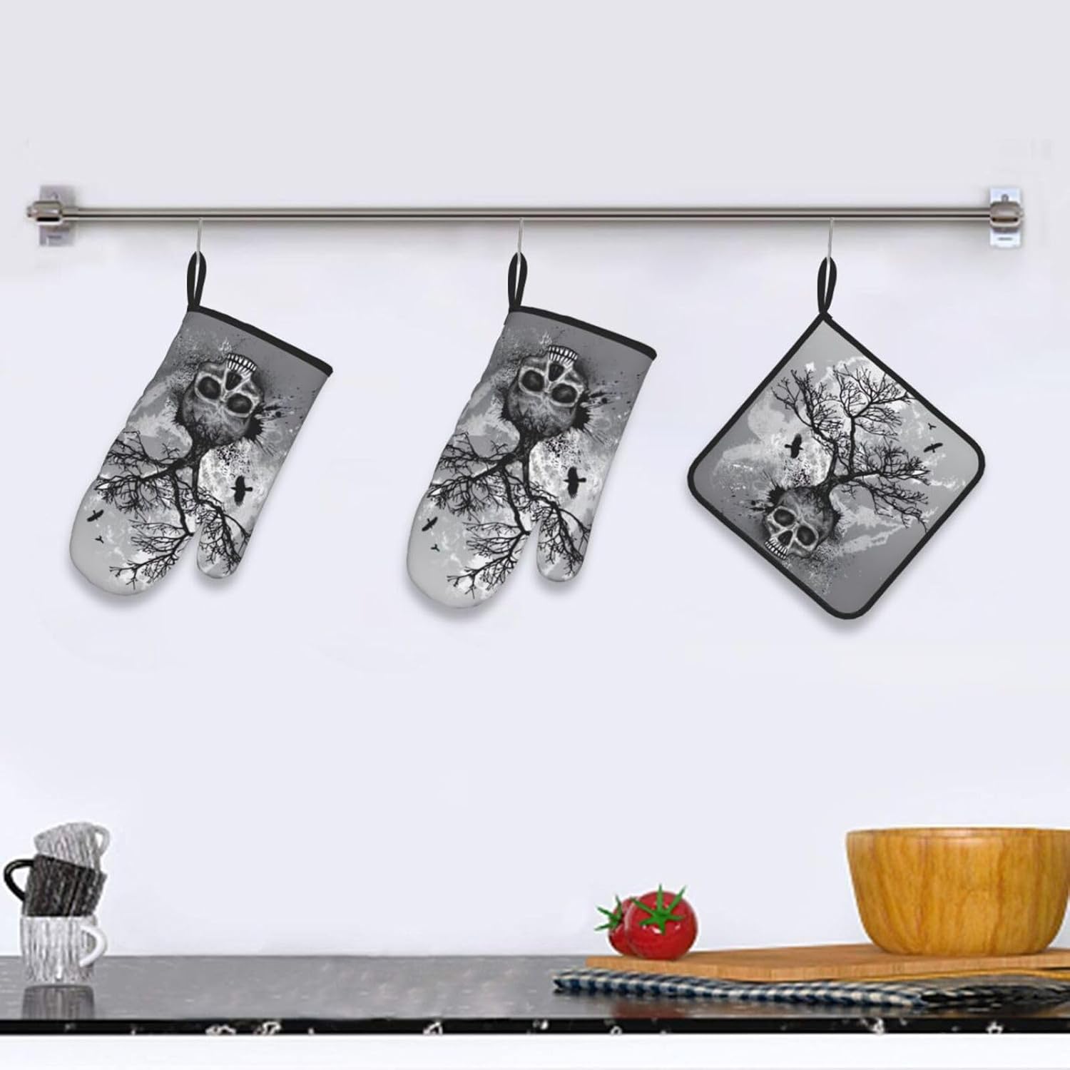 Halloween Skull Oven Mitts and Pot Holders Set Heat-Resistant