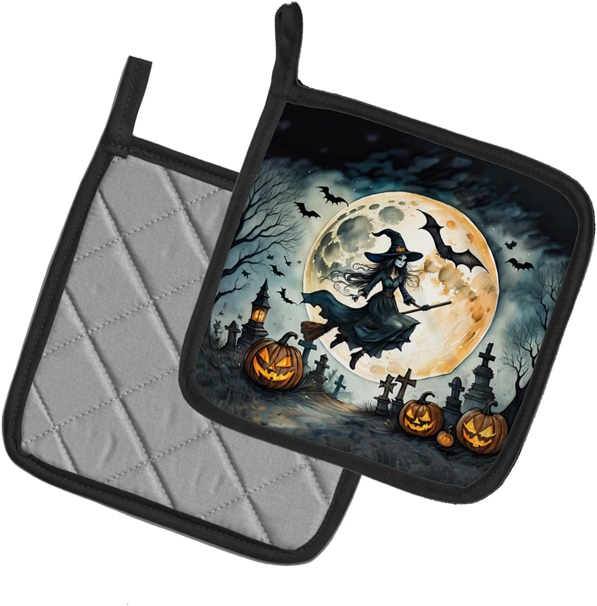 Flying Witch Spooky Halloween Potholders 7 12 x 7 12