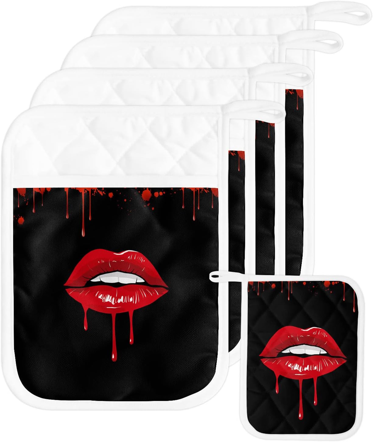 Halloween Lips Blood Pot Holders with Pocket Set of 5