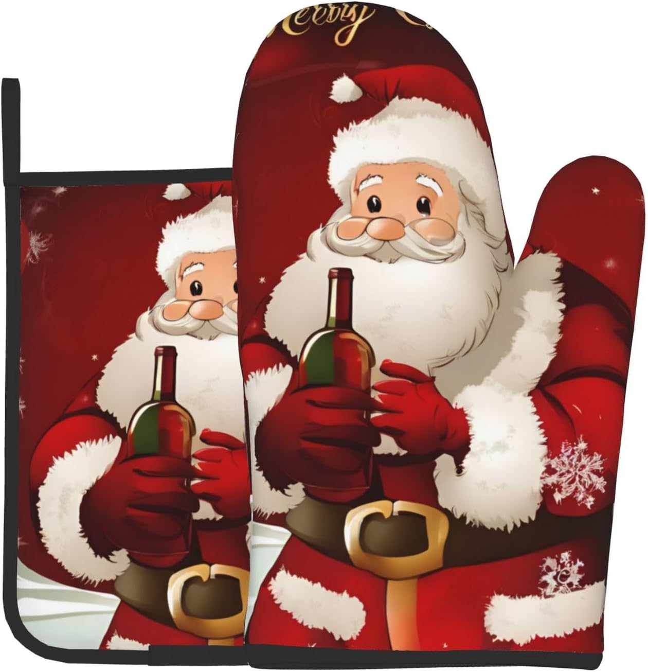 Merry Christmas Santa Claus Printed Oven Mitts and Pot Holders 2pcs Set