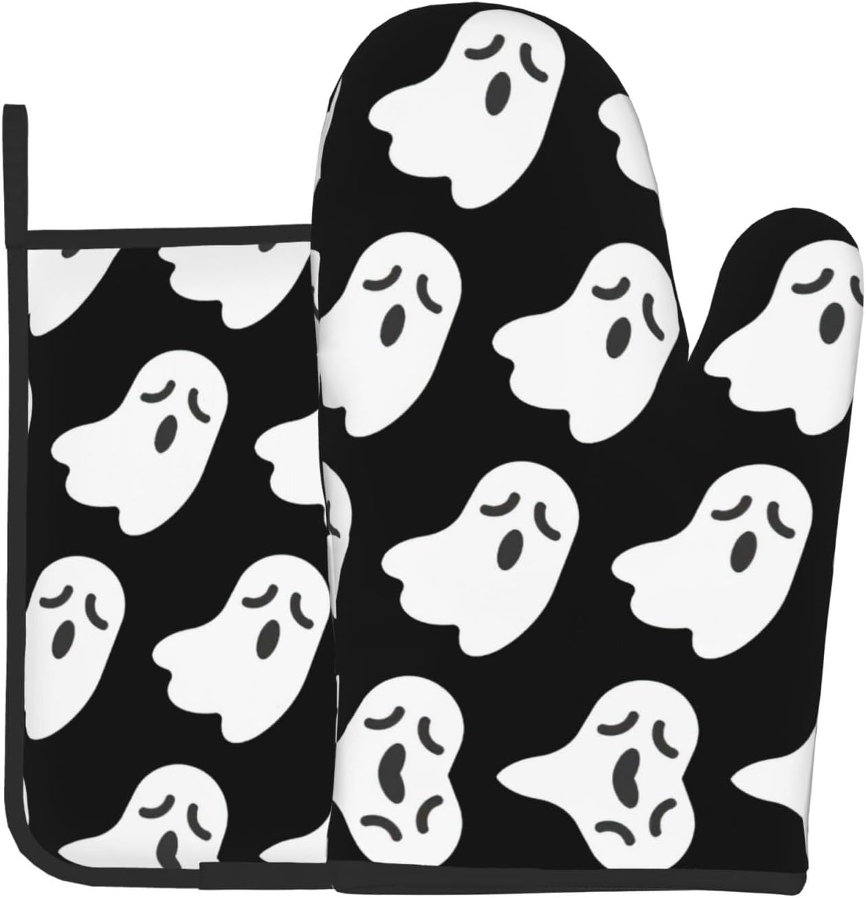 Cute White Ghost Oven Gloves for Cooking and Baking with Halloween Patterns