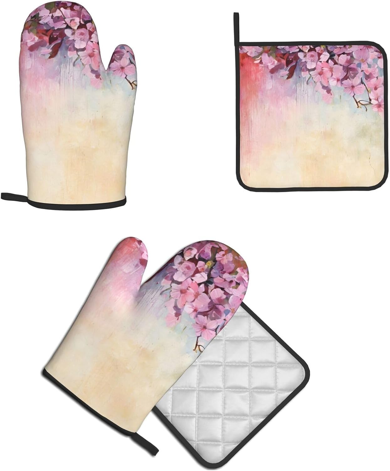 Elegant Oven Mitts Set Cherry-Printed Non-Slip Pots Pans