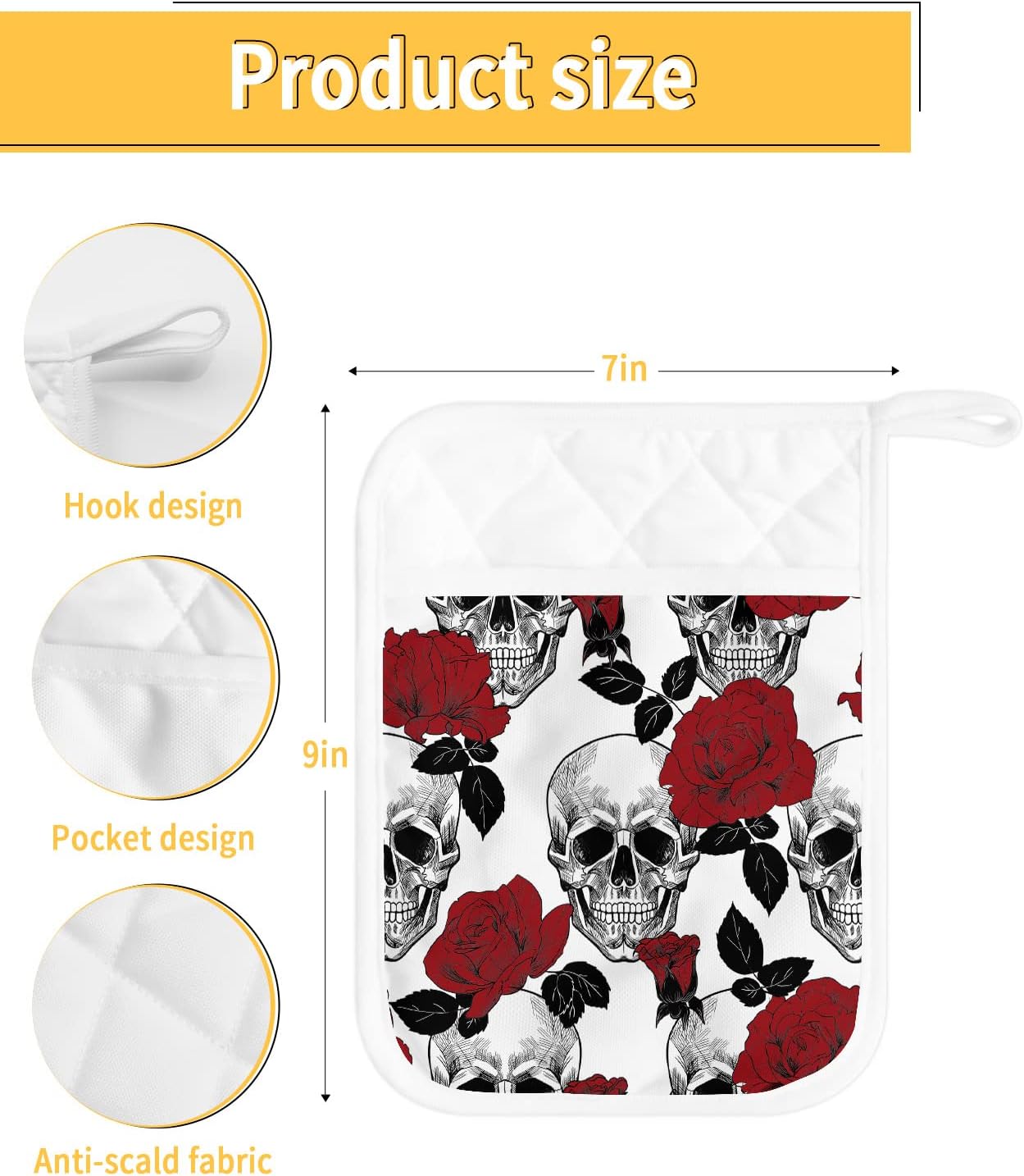 5-Piece Sugar Skull Potholders Heat-Resistant Halloween-Style with Hanging Loops