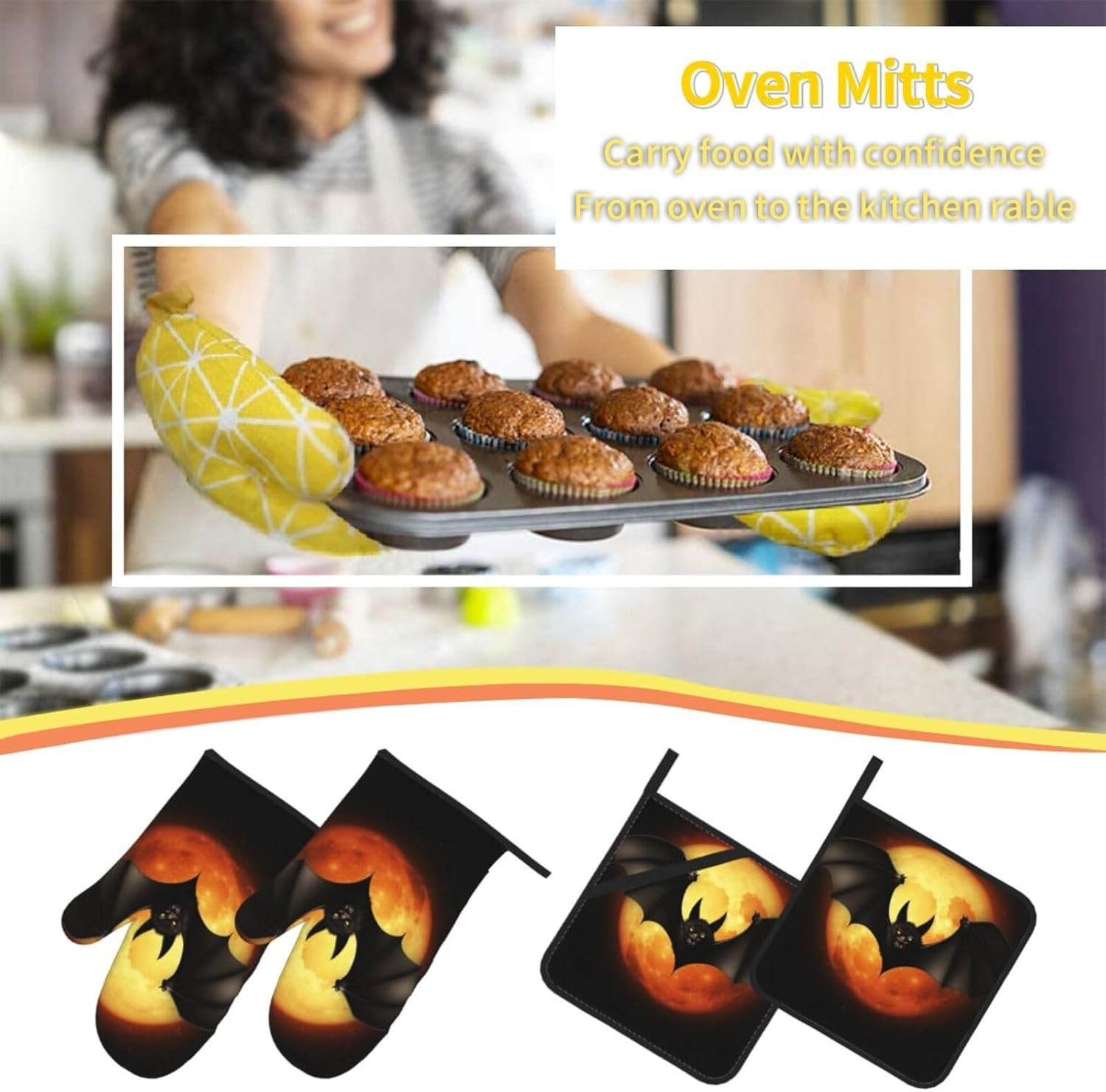 4PCS Halloween Bat Oven Mitts and Pot Holders Set 1
