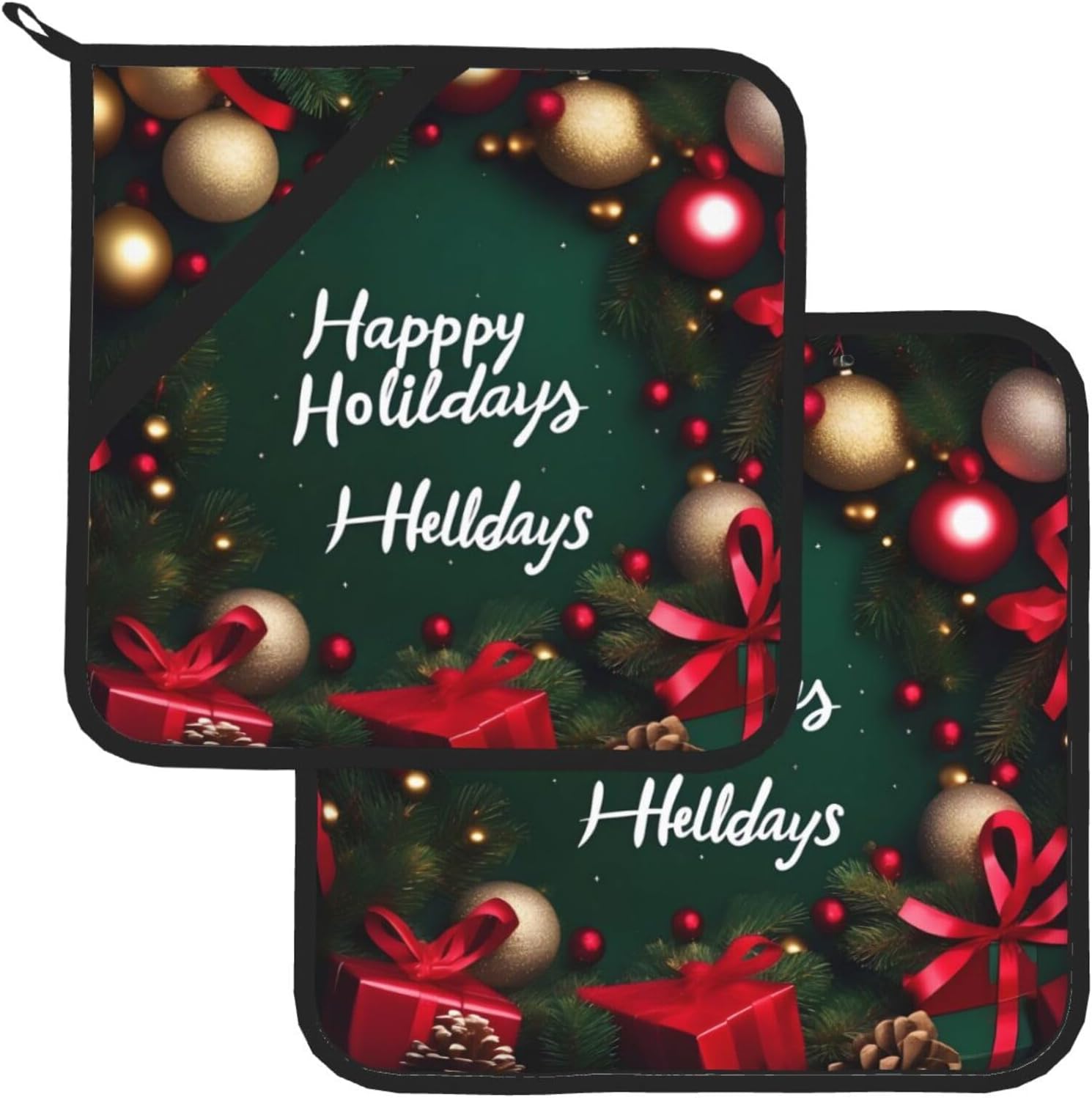 CHRYSM Happy Holidays Potholders 2-Pack Heat Resistant