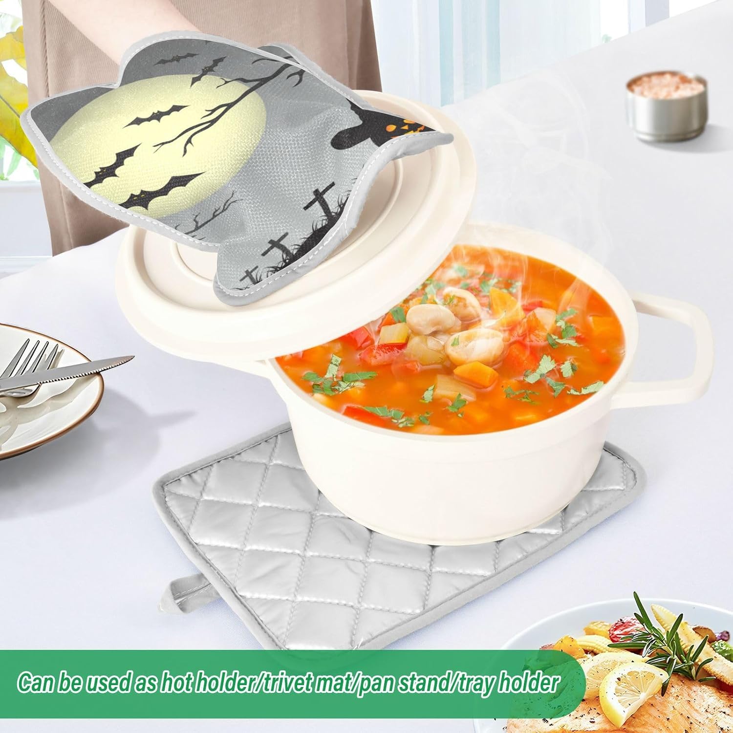 OURVII 2Pcs Halloween Full Moon Pot Holders Non-Slip with Pockets