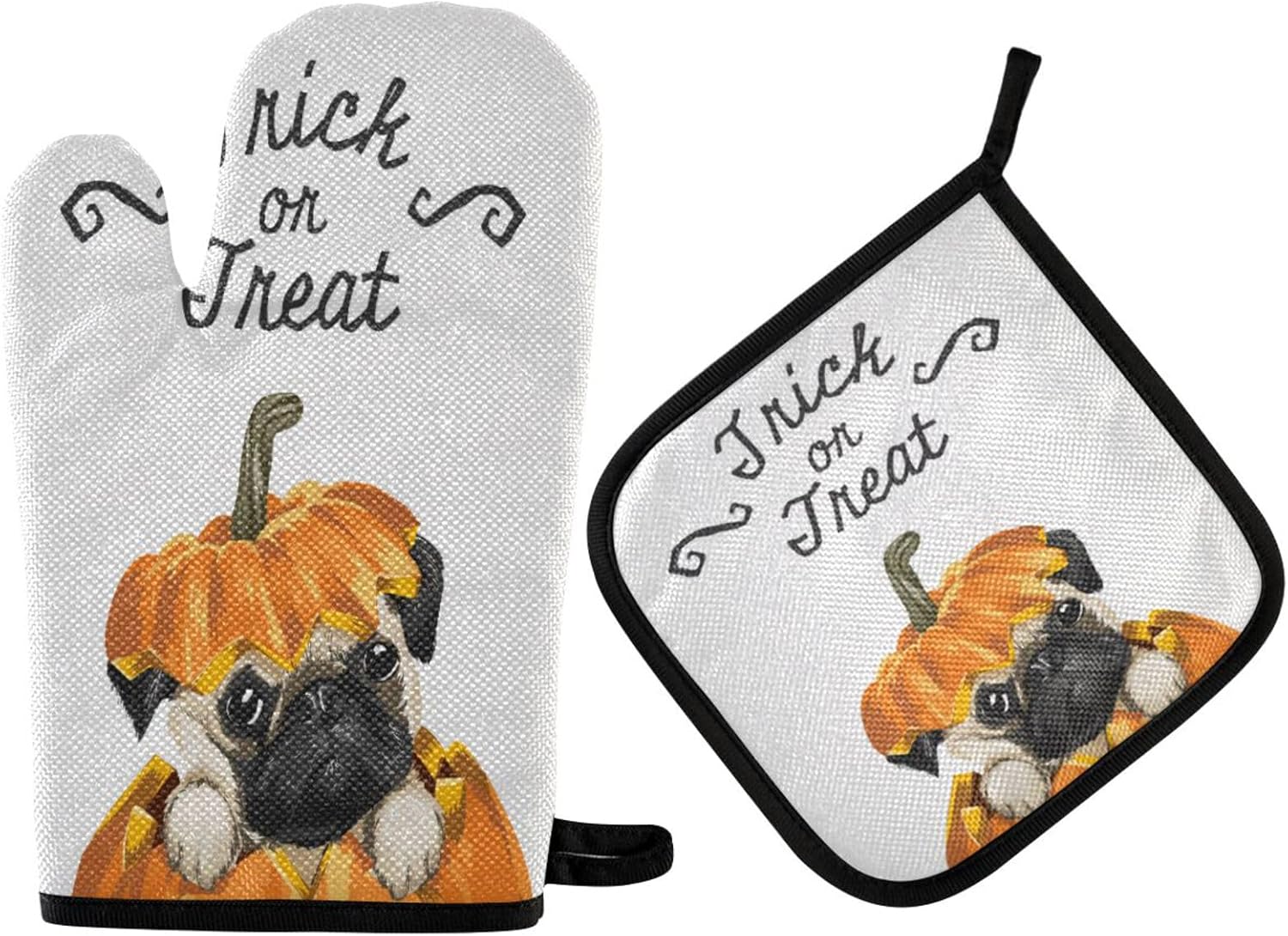 Halloween Pug Pumpkin Oven Mitts Set Heat-Resistant Trick or Treat Gloves
