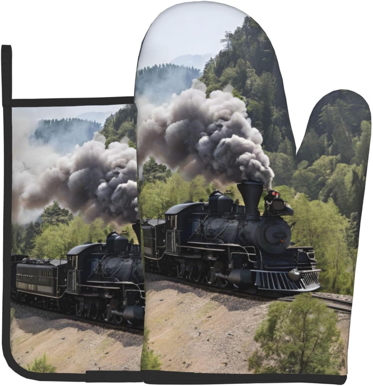 Steam Locomotive Train Printed Oven Mitts and Pot Holders 2 Piece Set