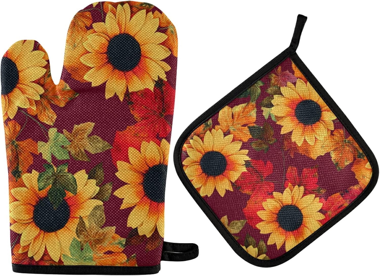 Red Sunflowers Fall Oven Mitts Pot Holders Set