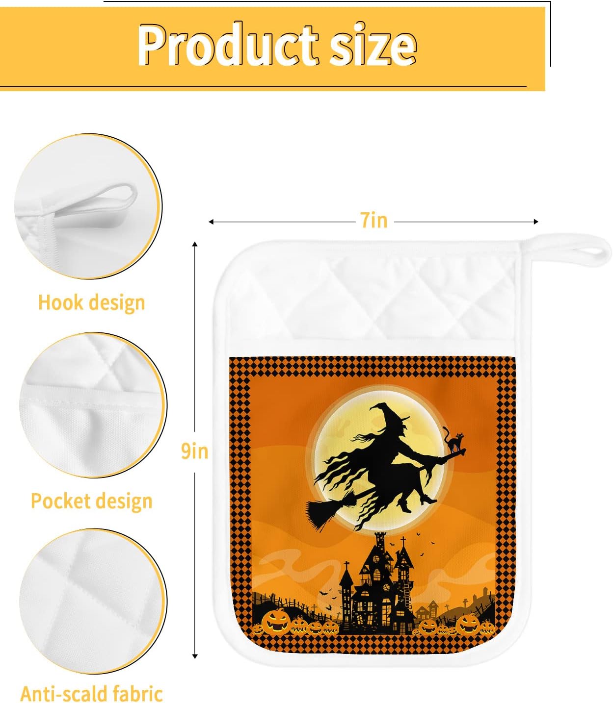 JasmineM Halloween Flying Witch Potholders Set of 5