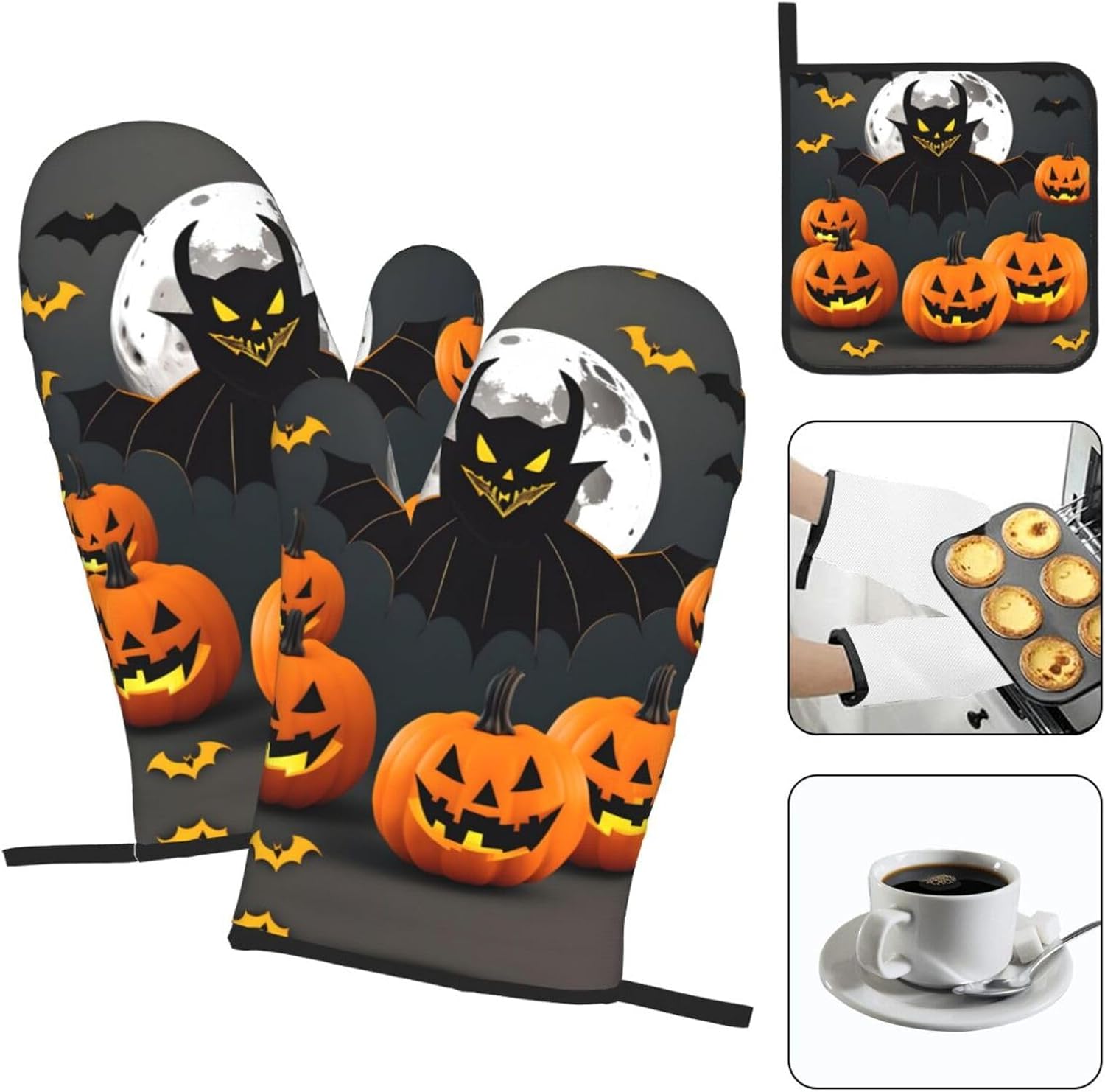 Halloween Moon Bat Pumpkin Oven Mitts Set