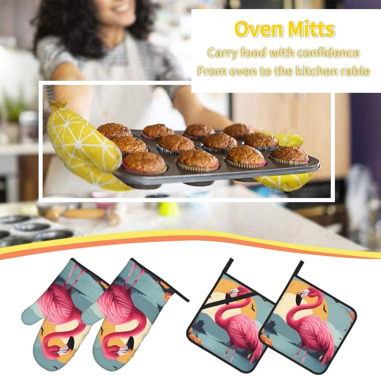 YYHHAOFA Cartoon Halloween Flamingo Oven Mitt Set - 4-Piece Insulated Kitchen Baking Tools