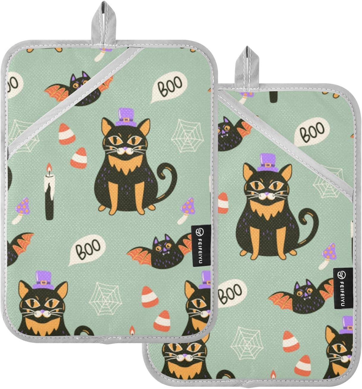 Ourvi 2Pcs Halloween Cute Black Cat Potholders with Pockets Mitts Set