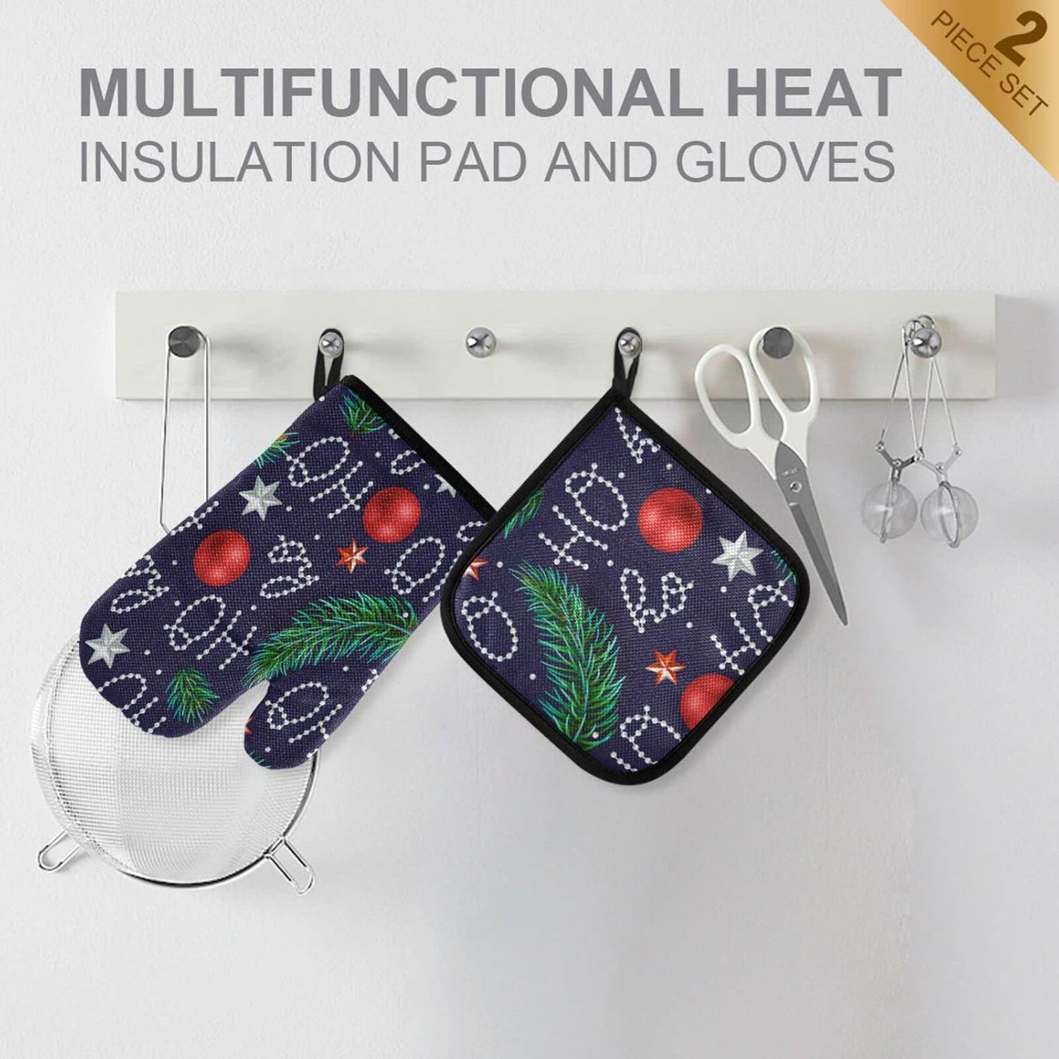Cheerful Hohoho Christmas Oven Mitt and Pot Holder Set